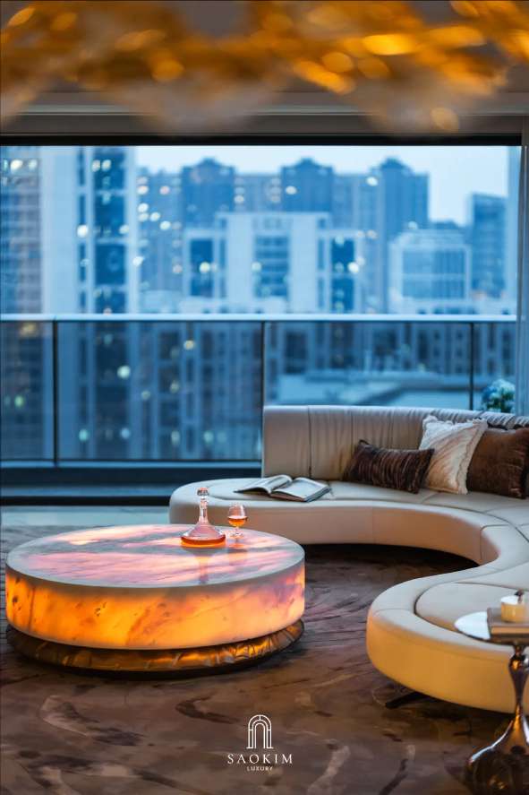 Không gian phòng khách thời thượng tại thiết kế penthouse phong cách Contemporary Art Deco